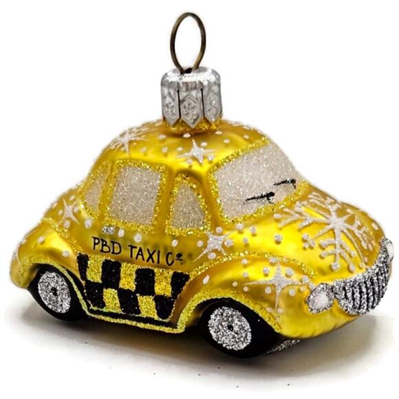 Patricia Breen Miniature Taxi Yellow Snowflakes Signed Christmas Tee Ornament - Picture 1 of 11